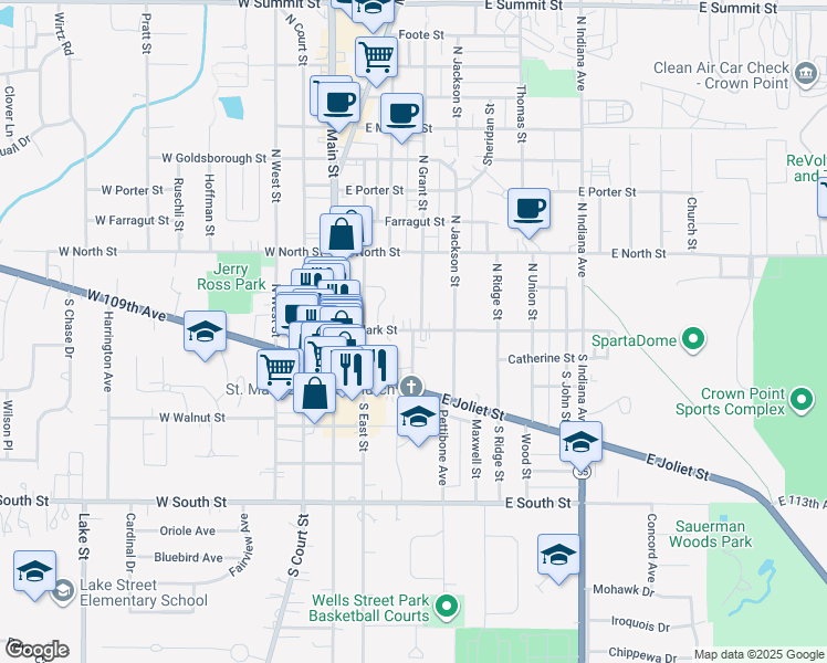 map of restaurants, bars, coffee shops, grocery stores, and more near 101 South Nichols Street in Crown Point