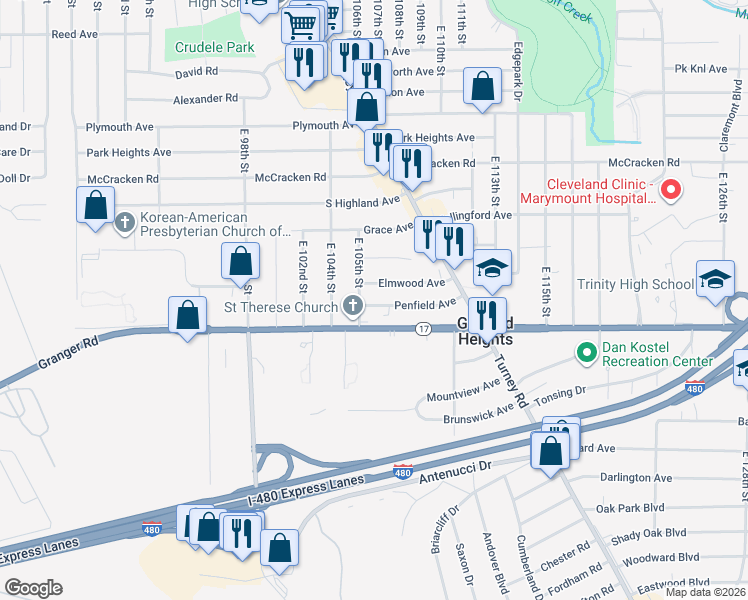 map of restaurants, bars, coffee shops, grocery stores, and more near 10605 Penfield Avenue in Garfield Heights