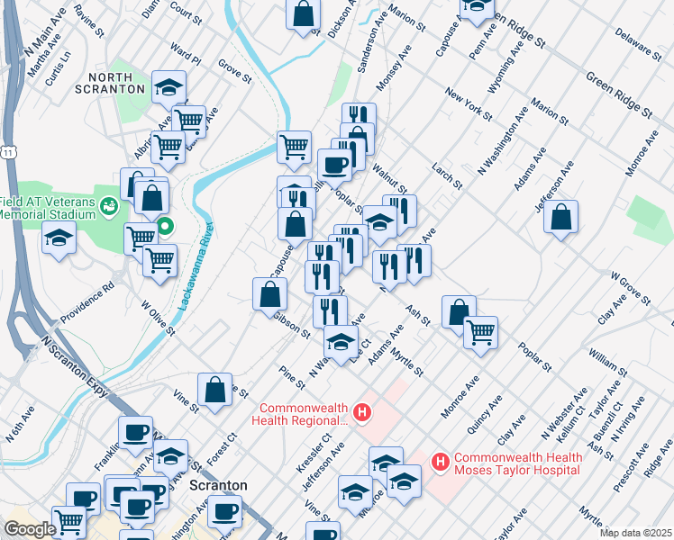 map of restaurants, bars, coffee shops, grocery stores, and more near 929 Wyoming Ave in Scranton