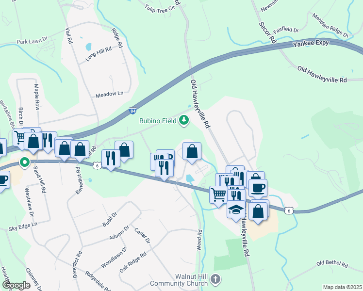 map of restaurants, bars, coffee shops, grocery stores, and more near 46 Copper Square Drive in Bethel