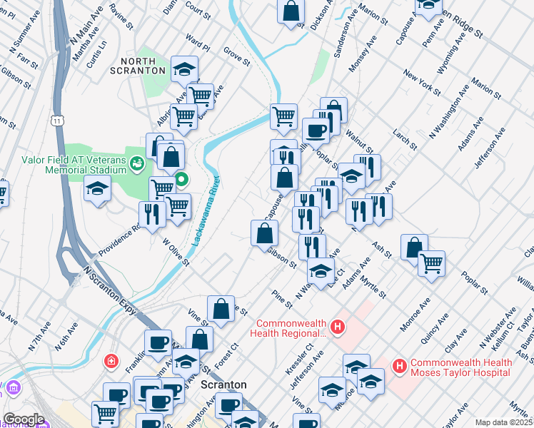 map of restaurants, bars, coffee shops, grocery stores, and more near 847 Capouse Avenue in Scranton