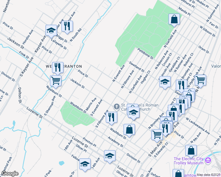 map of restaurants, bars, coffee shops, grocery stores, and more near 1901 Price Street in Scranton