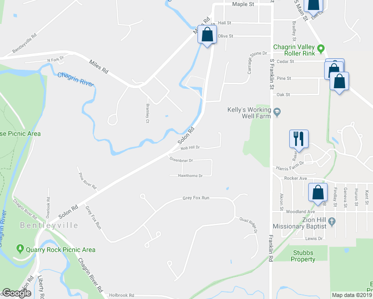 map of restaurants, bars, coffee shops, grocery stores, and more near 5014 Nob Hill Drive in Chagrin Falls