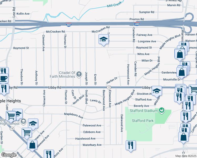 map of restaurants, bars, coffee shops, grocery stores, and more near 18601 Harlan Drive in Maple Heights