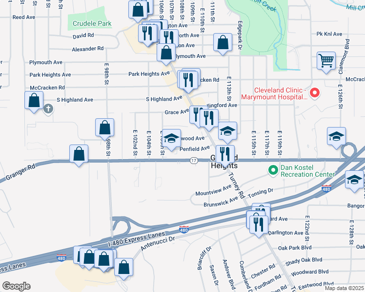 map of restaurants, bars, coffee shops, grocery stores, and more near 10809 Penfield Avenue in Garfield Heights