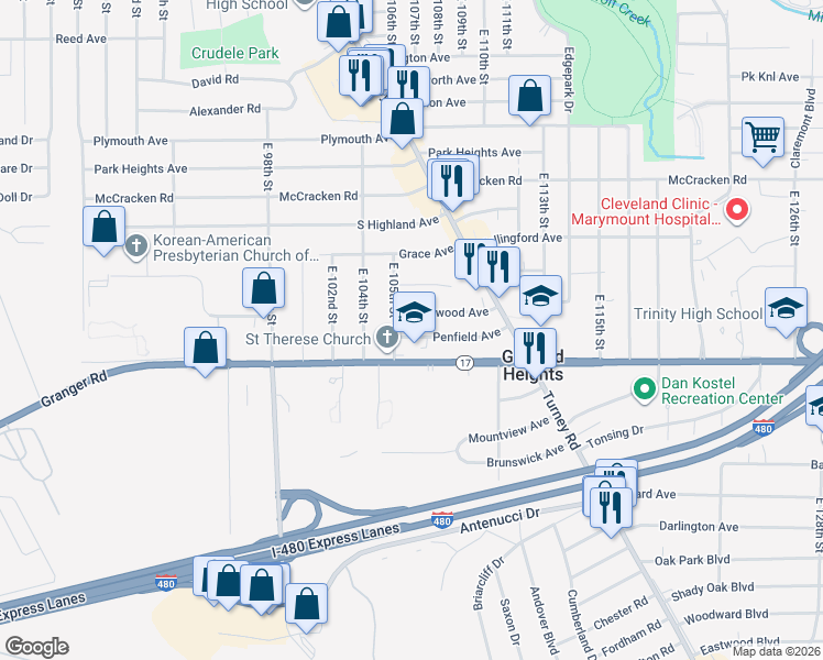 map of restaurants, bars, coffee shops, grocery stores, and more near 10605 Penfield Avenue in Garfield Heights