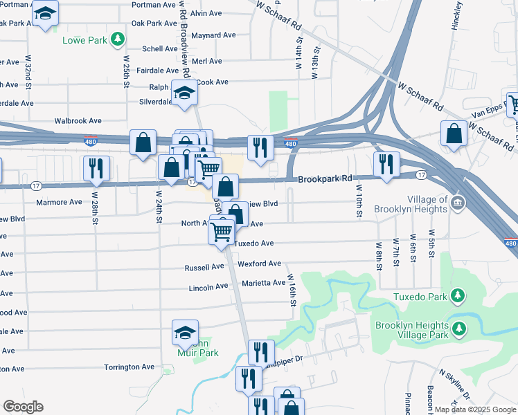 map of restaurants, bars, coffee shops, grocery stores, and more near 1823 Brookview Boulevard in Parma