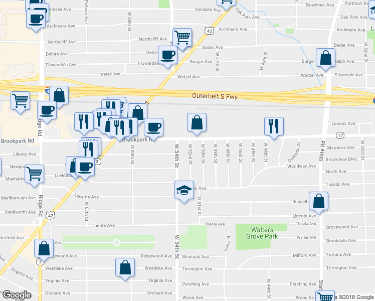 map of restaurants, bars, coffee shops, grocery stores, and more near 5223 West 52nd Street in Parma