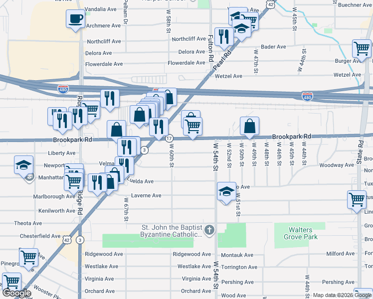 map of restaurants, bars, coffee shops, grocery stores, and more near 5814 Merkle Avenue in Parma
