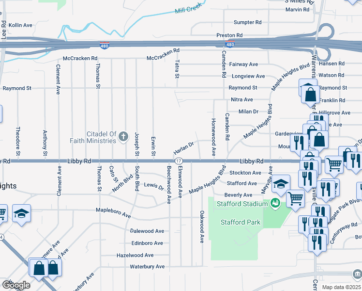 map of restaurants, bars, coffee shops, grocery stores, and more near 18709 Harlan Drive in Maple Heights