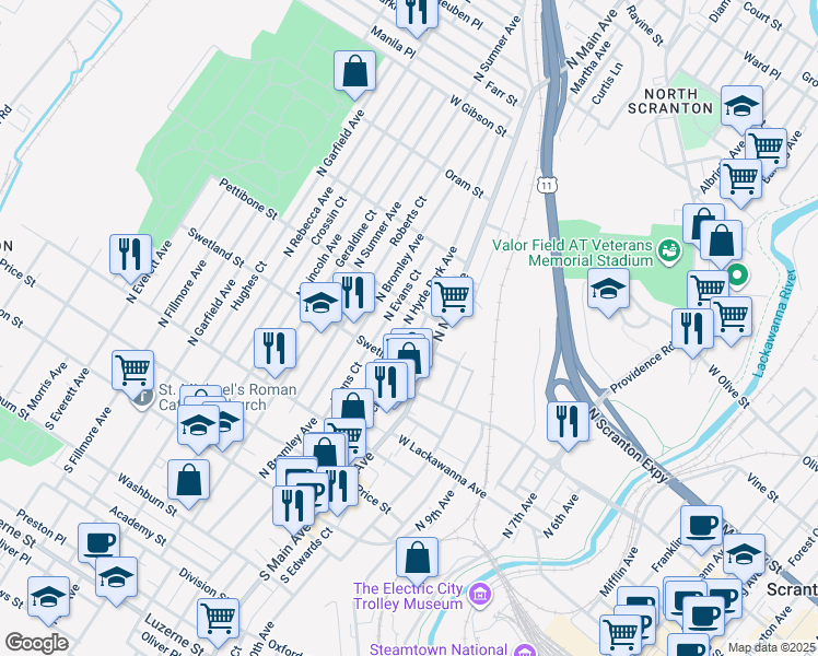 map of restaurants, bars, coffee shops, grocery stores, and more near 536 North Hyde Park Avenue in Scranton