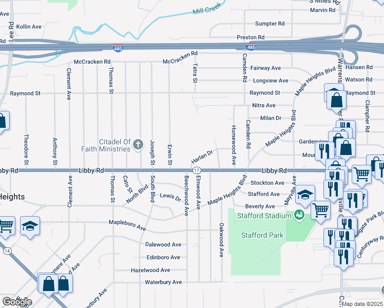 map of restaurants, bars, coffee shops, grocery stores, and more near 18709 Harlan Drive in Maple Heights