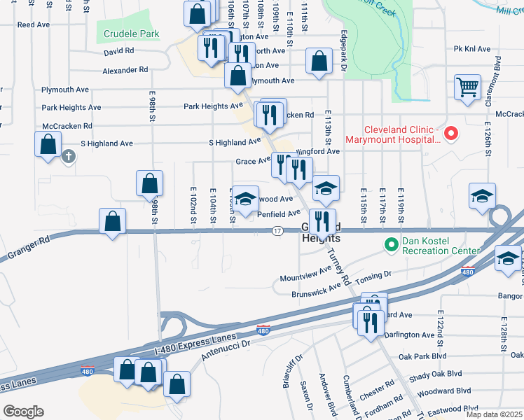map of restaurants, bars, coffee shops, grocery stores, and more near 10809 Penfield Avenue in Garfield Heights