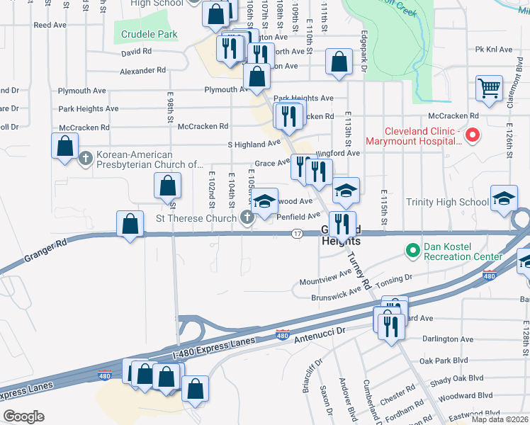 map of restaurants, bars, coffee shops, grocery stores, and more near 10605 Penfield Ave in Garfield Heights