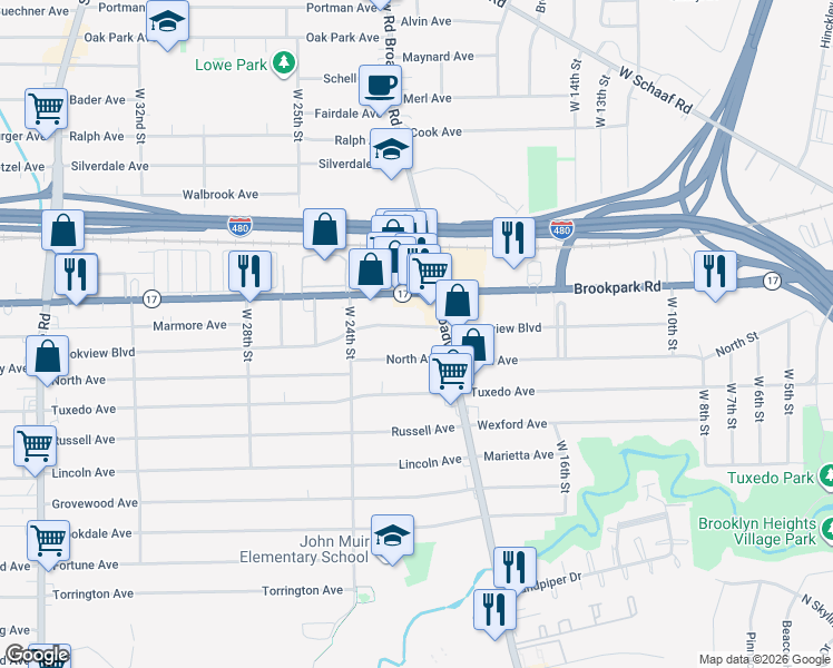 map of restaurants, bars, coffee shops, grocery stores, and more near 2123 Brookview Boulevard in Parma