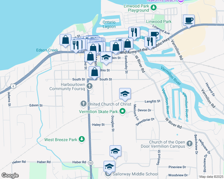 map of restaurants, bars, coffee shops, grocery stores, and more near 871 Douglas St in Vermilion