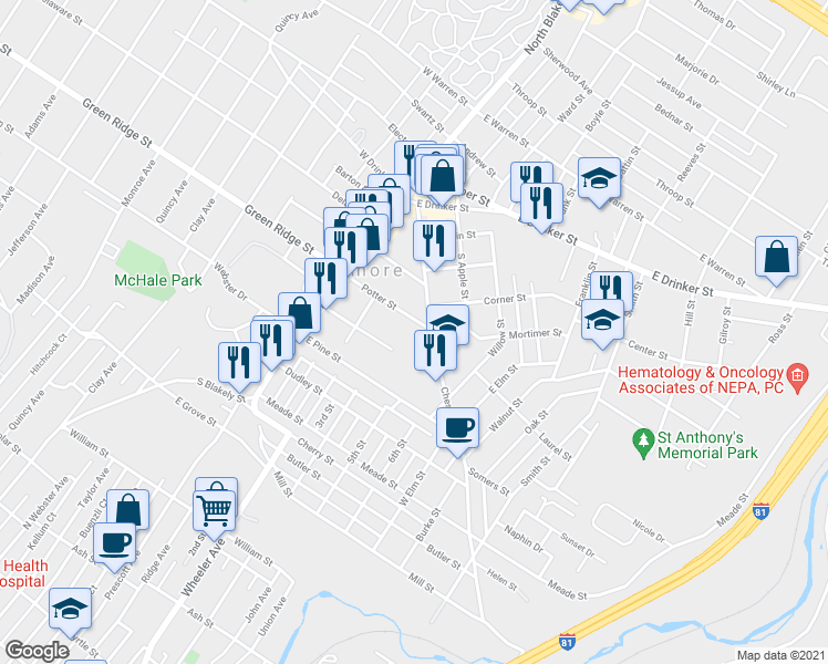 map of restaurants, bars, coffee shops, grocery stores, and more near 160 Potter St in Dunmore