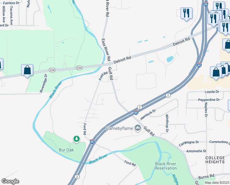 map of restaurants, bars, coffee shops, grocery stores, and more near 3125 Gulf Road in Elyria