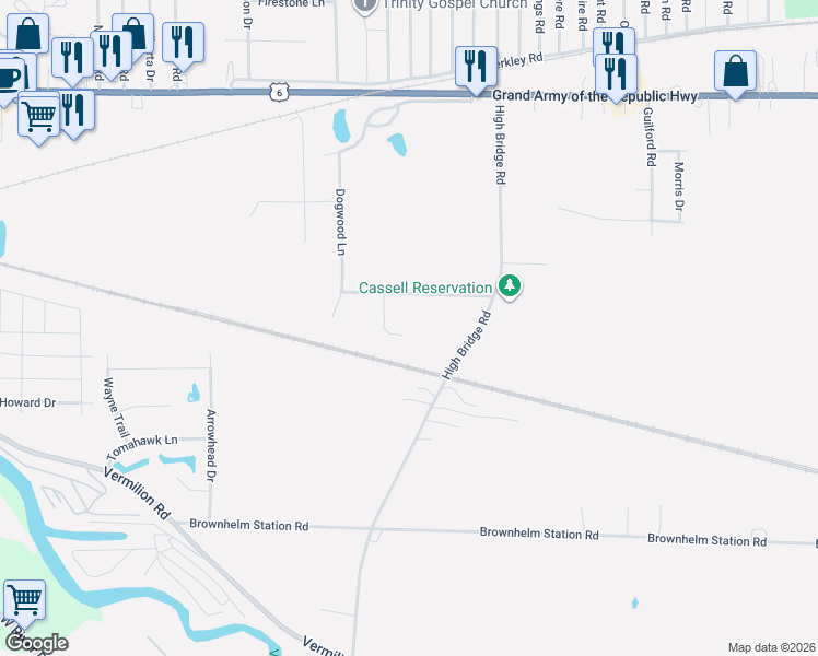 map of restaurants, bars, coffee shops, grocery stores, and more near 843 Breezewood Lane in Vermilion