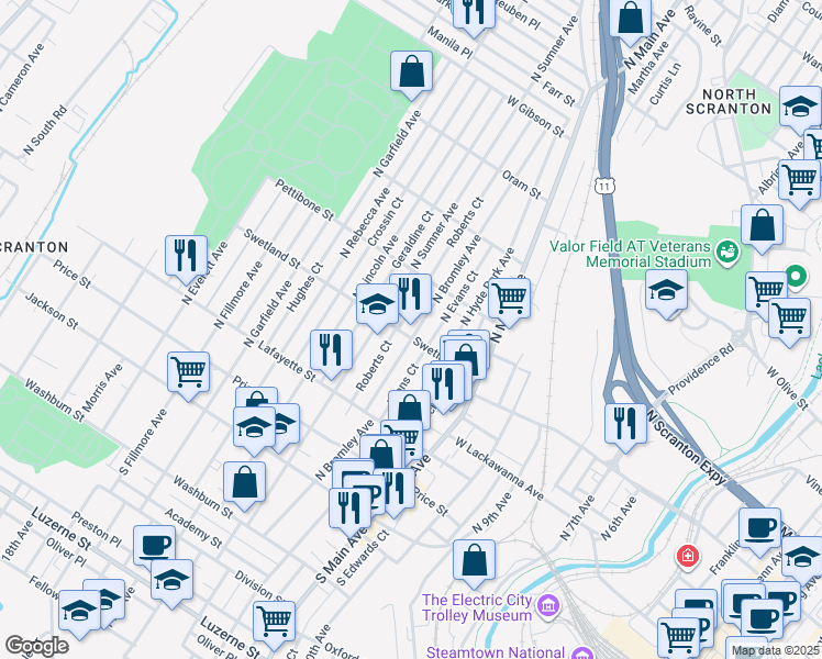 map of restaurants, bars, coffee shops, grocery stores, and more near 505 North Bromley Avenue in Scranton