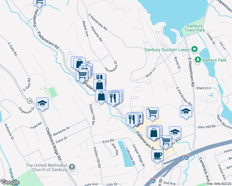 map of restaurants, bars, coffee shops, grocery stores, and more near Unnamed Road in Danbury