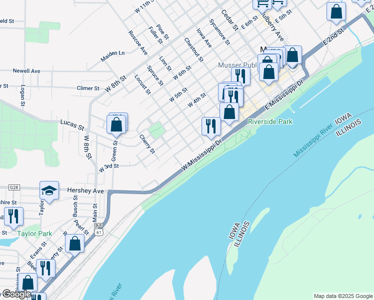 map of restaurants, bars, coffee shops, grocery stores, and more near 112 Locust Street in Muscatine