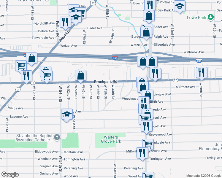 map of restaurants, bars, coffee shops, grocery stores, and more near 5228 West 44th Street in Parma