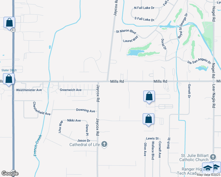 map of restaurants, bars, coffee shops, grocery stores, and more near 34999 Mills Road in North Ridgeville