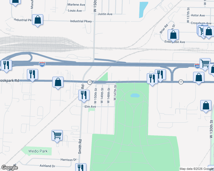 map of restaurants, bars, coffee shops, grocery stores, and more near 5020 W 148th St in Brook Park