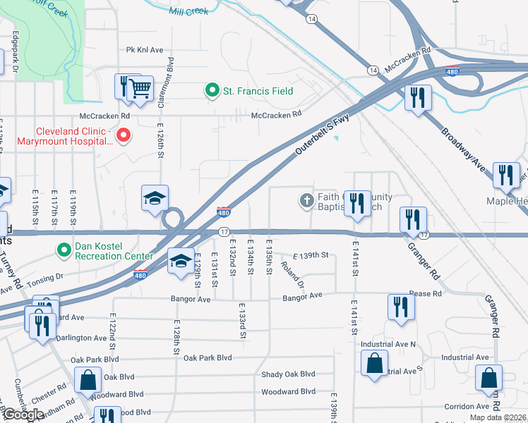 map of restaurants, bars, coffee shops, grocery stores, and more near 5278 East 135th Street in Garfield Heights