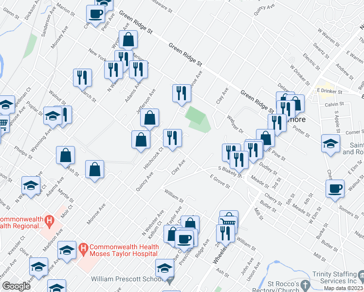map of restaurants, bars, coffee shops, grocery stores, and more near 309 W Grove St in Scranton