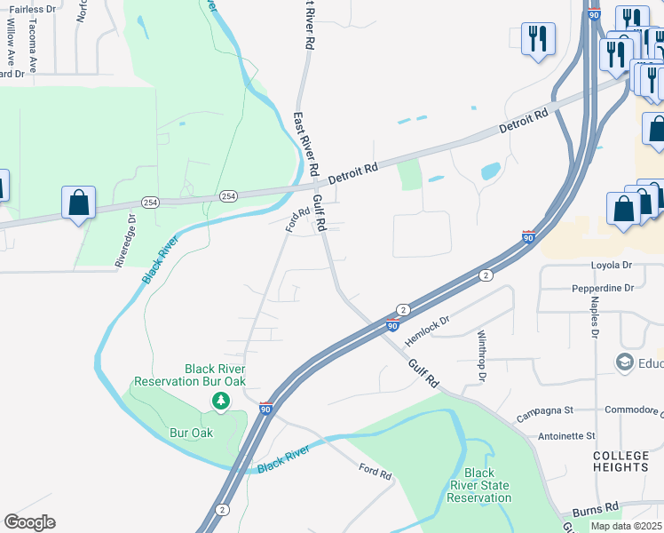 map of restaurants, bars, coffee shops, grocery stores, and more near 3125 Gulf Road in Elyria
