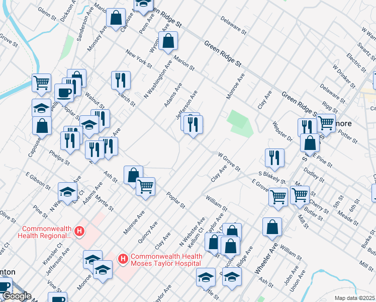 map of restaurants, bars, coffee shops, grocery stores, and more near 1229 Monroe Ave in Dunmore