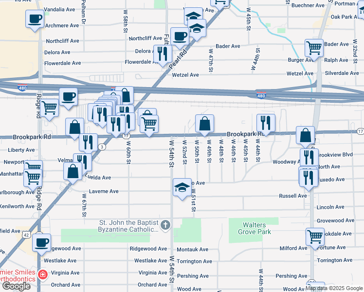 map of restaurants, bars, coffee shops, grocery stores, and more near 5224 West 52nd Street in Parma