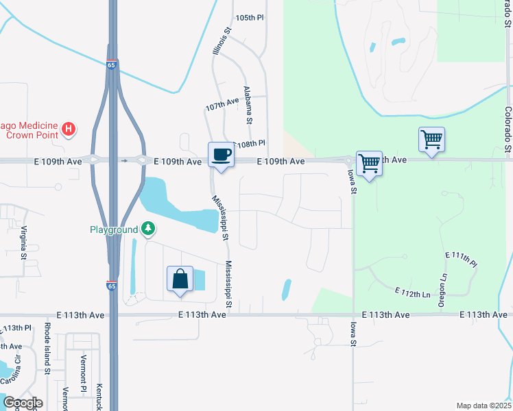 map of restaurants, bars, coffee shops, grocery stores, and more near 2301 East 109th Avenue in Crown Point