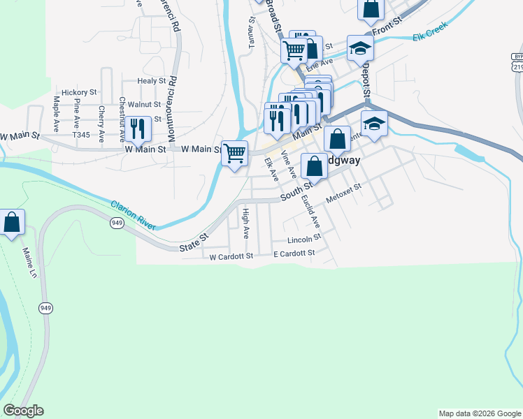 map of restaurants, bars, coffee shops, grocery stores, and more near 209 Monterey Ave in Ridgway