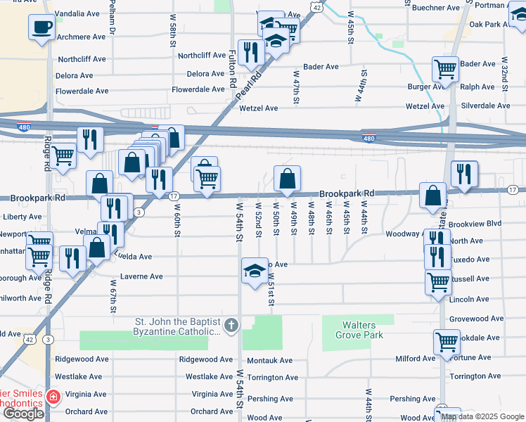 map of restaurants, bars, coffee shops, grocery stores, and more near 5223 West 52nd Street in Parma