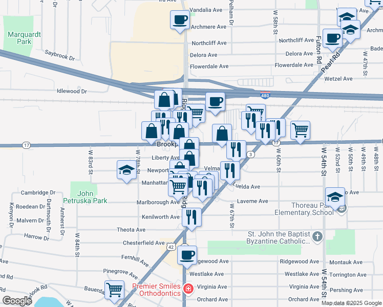 map of restaurants, bars, coffee shops, grocery stores, and more near 7115 Brookpark Road in Parma