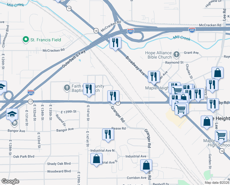 map of restaurants, bars, coffee shops, grocery stores, and more near 14515 Williams Street in Maple Heights