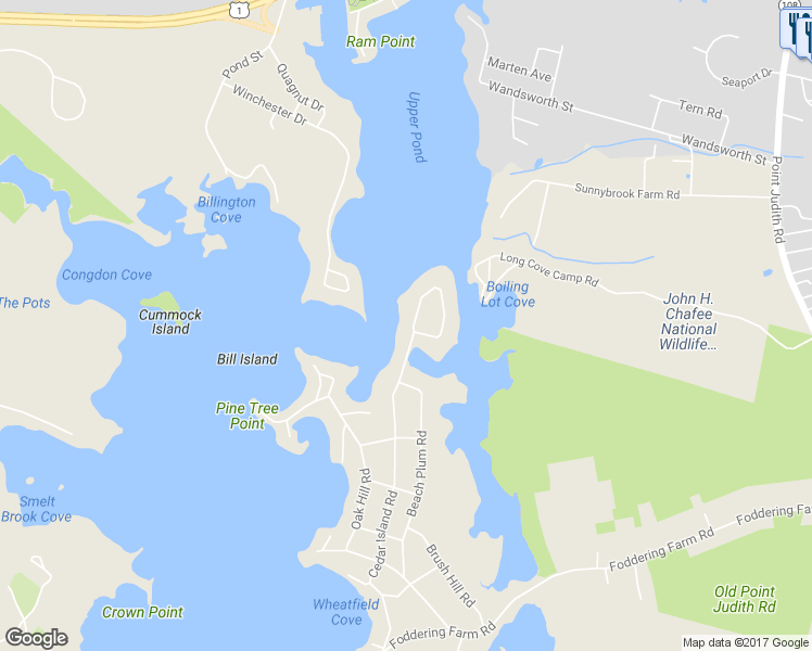 map of restaurants, bars, coffee shops, grocery stores, and more near 198 Wood Hill Road in Narragansett