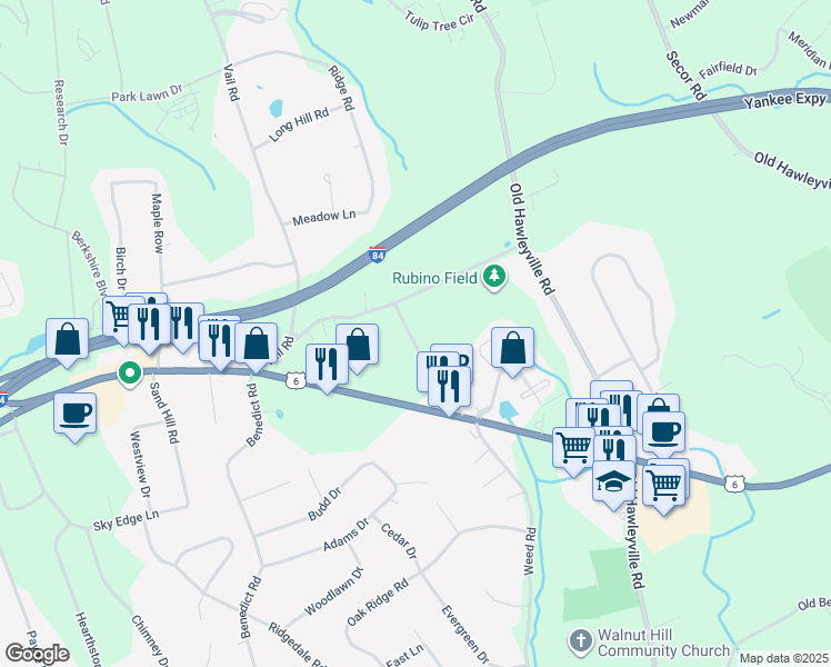 map of restaurants, bars, coffee shops, grocery stores, and more near 15 McNeil Road in Bethel