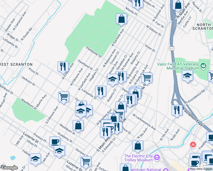 map of restaurants, bars, coffee shops, grocery stores, and more near 352 North Lincoln Avenue in Scranton