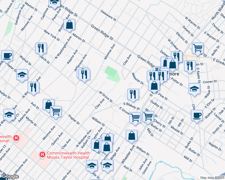 map of restaurants, bars, coffee shops, grocery stores, and more near 1312 Clay Avenue in Dunmore