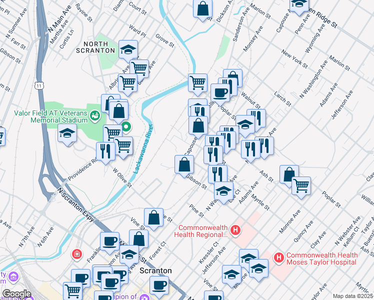 map of restaurants, bars, coffee shops, grocery stores, and more near 847 Capouse Avenue in Scranton