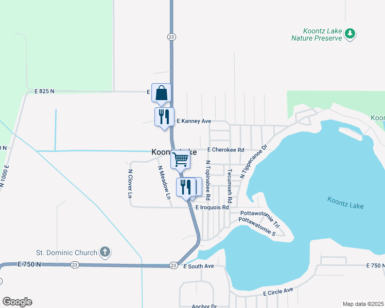 map of restaurants, bars, coffee shops, grocery stores, and more near 7980 North Frost Street in Walkerton