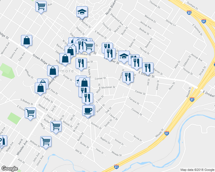 map of restaurants, bars, coffee shops, grocery stores, and more near 417 Mortimer Street in Scranton