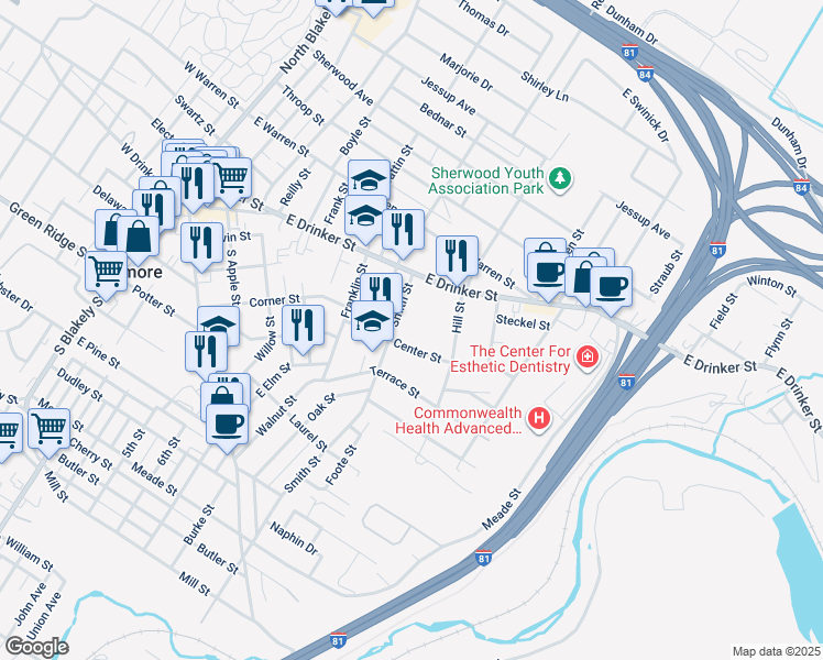 map of restaurants, bars, coffee shops, grocery stores, and more near 131 Smith Street in Dunmore