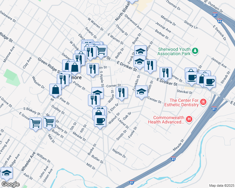 map of restaurants, bars, coffee shops, grocery stores, and more near 417 Mortimer Street in Scranton