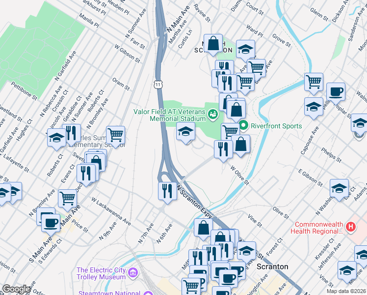 map of restaurants, bars, coffee shops, grocery stores, and more near 63 Mike Munchak Way in Scranton