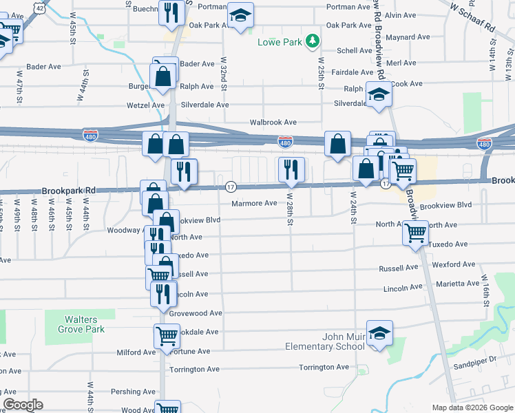 map of restaurants, bars, coffee shops, grocery stores, and more near 3013 Marmore Avenue in Parma